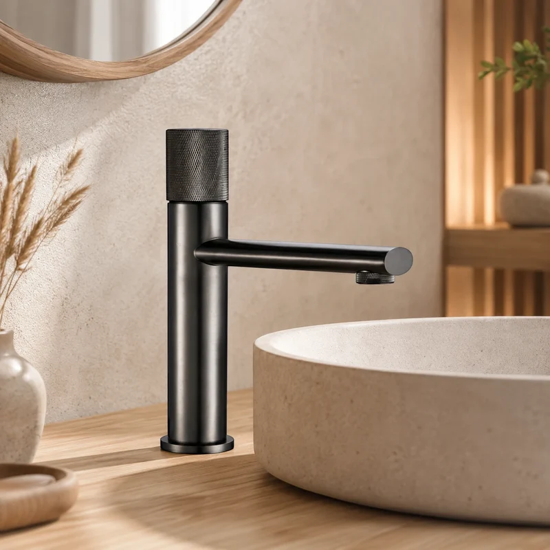 Robinet lavabo salle de bain poignée ronde travaillée - Argenté brossé - Laiton