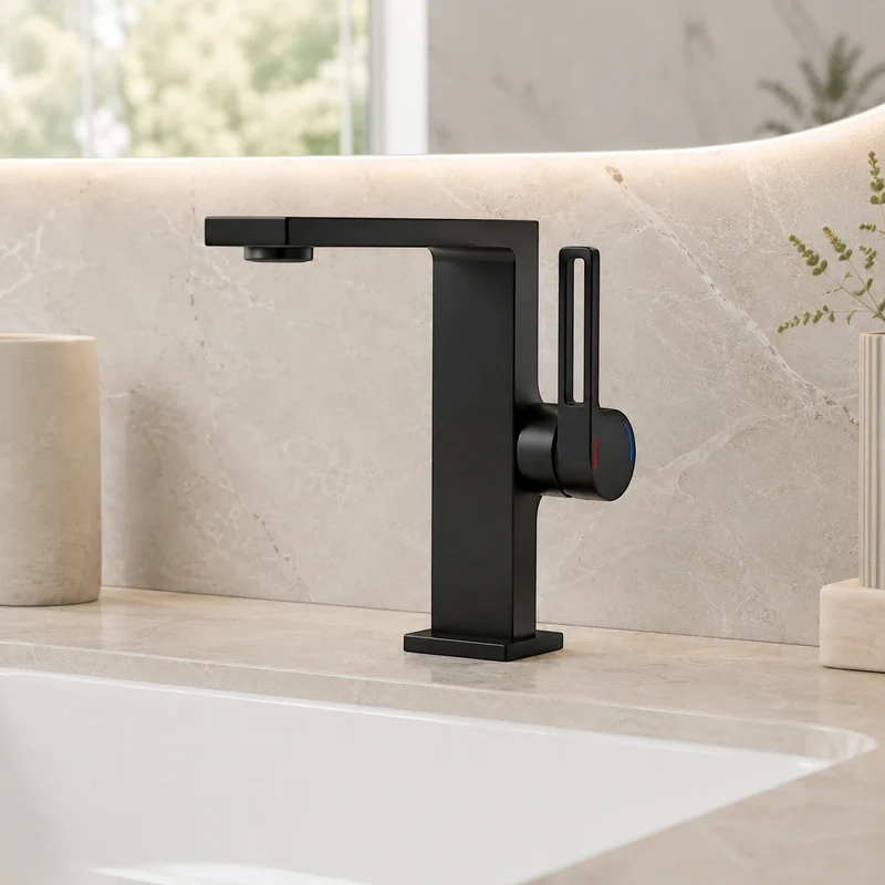 Robinet lavabo salle de bain plat rectangulaire minimaliste - Noir - Laiton
