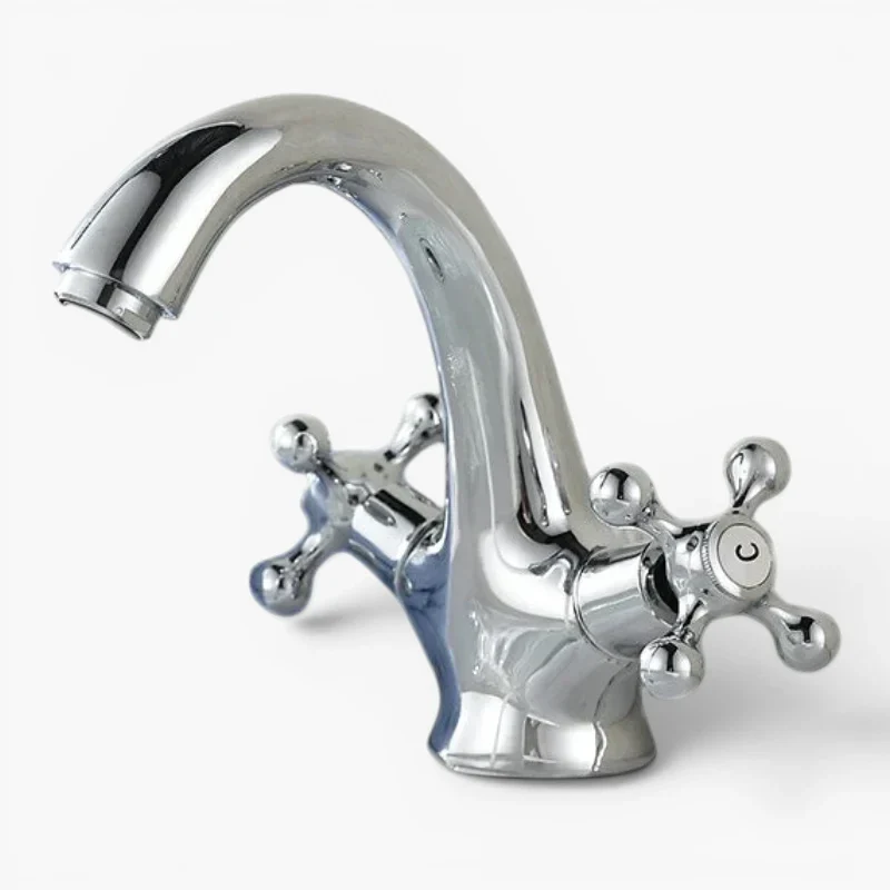 Robinet lavabo salle de bain rétro double poignées - Argenté - Laiton