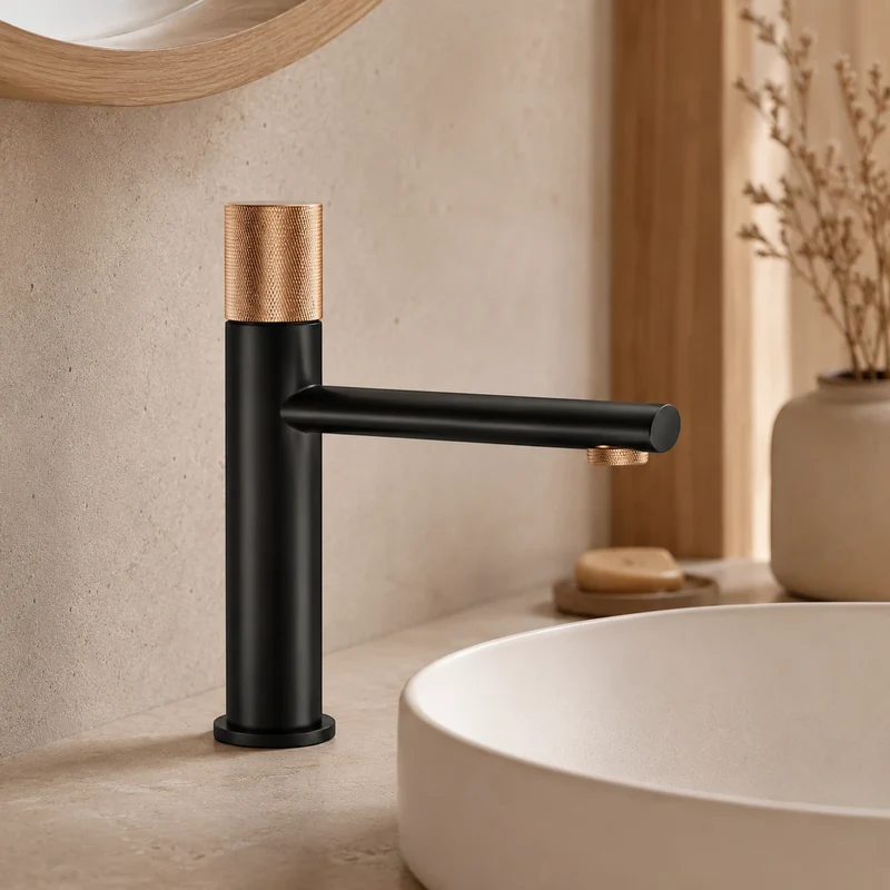 Robinet lavabo salle de bain poignée ronde travaillée - Noir / Doré rose - Laiton