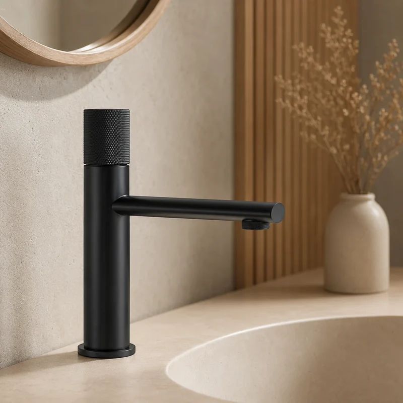 Robinet lavabo salle de bain poignée ronde travaillée - Noir - Laiton