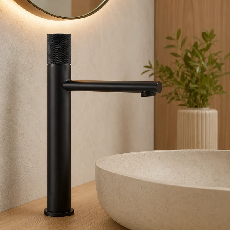 Robinet lavabo salle de bain poignée ronde travaillée - Noir - Laiton