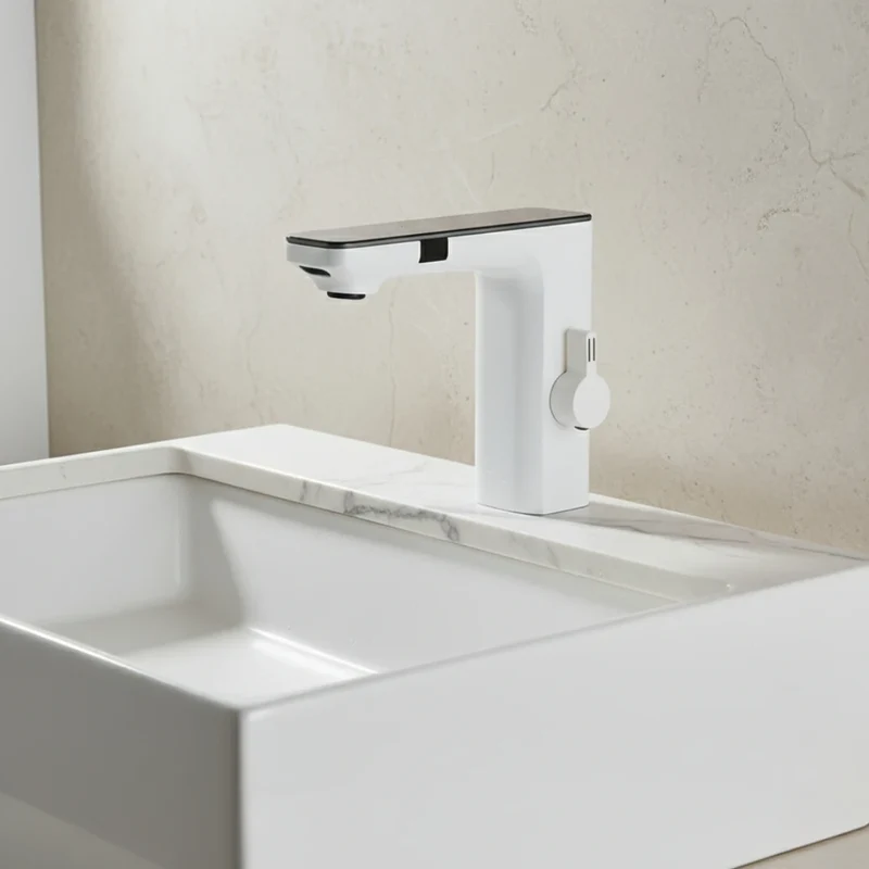 Robinet lavabo tactile affichage thermostatique numérique - Blanc - Laiton