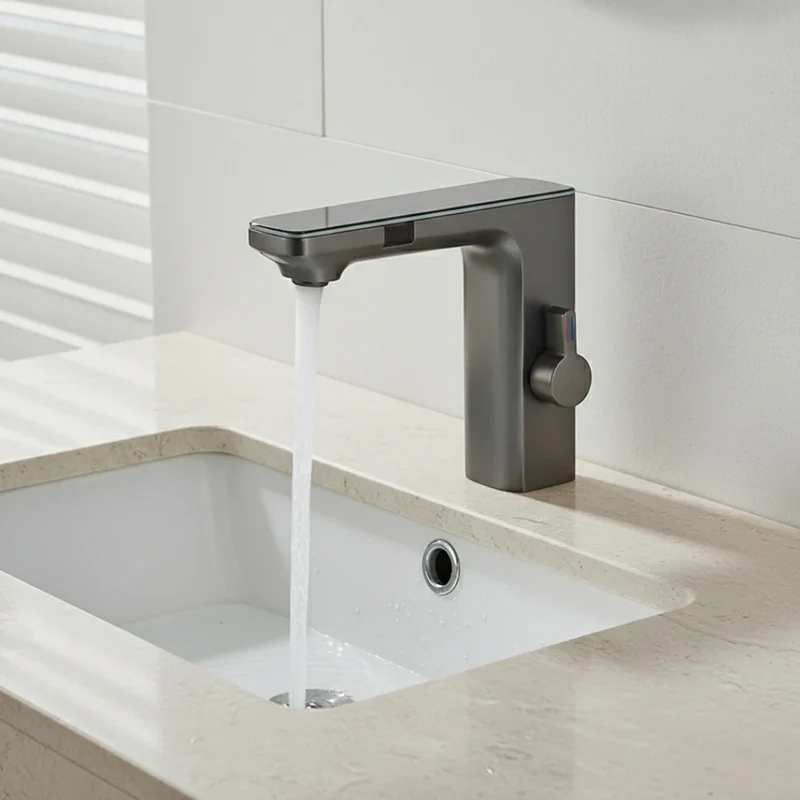 Robinet lavabo tactile affichage thermostatique numérique - Argenté - Laiton