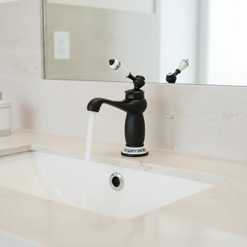 Robinet lavabo salle de bain rétro poignée céramique - Noir - Laiton