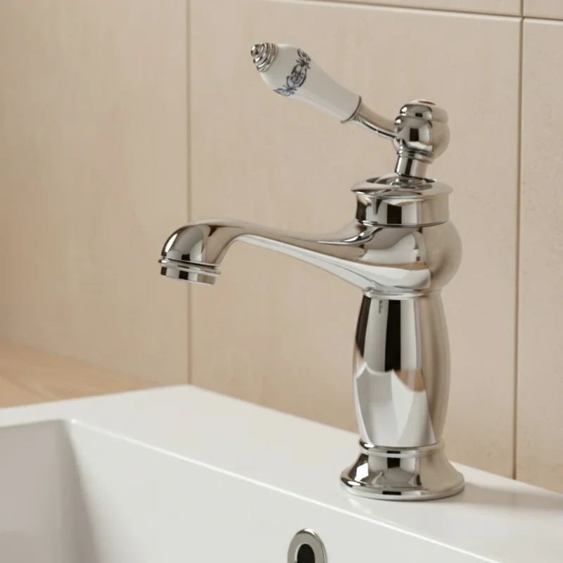 Robinet lavabo salle de bain rétro poignée céramique - Argenté - Laiton