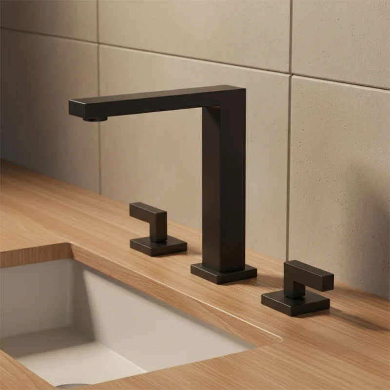 Robinet lavabo salle de bain poignées déportées - Noir - Laiton