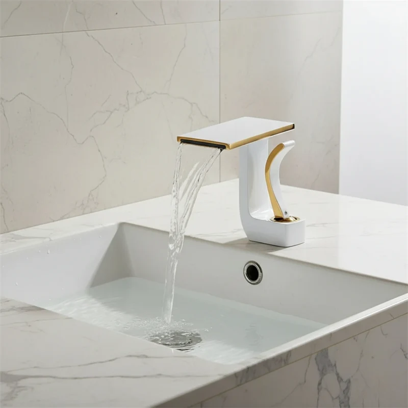 Robinet lavabo salle de bain plat géométrique mitigeur design - Blanc - Laiton