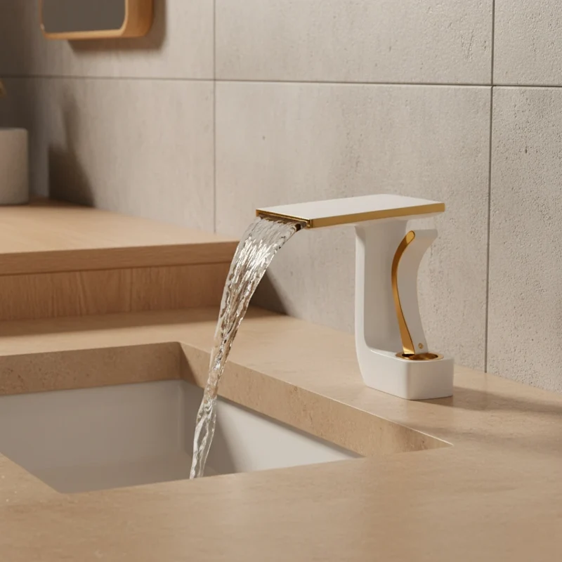 Robinet lavabo salle de bain plat géométrique mitigeur design - Blanc - Laiton