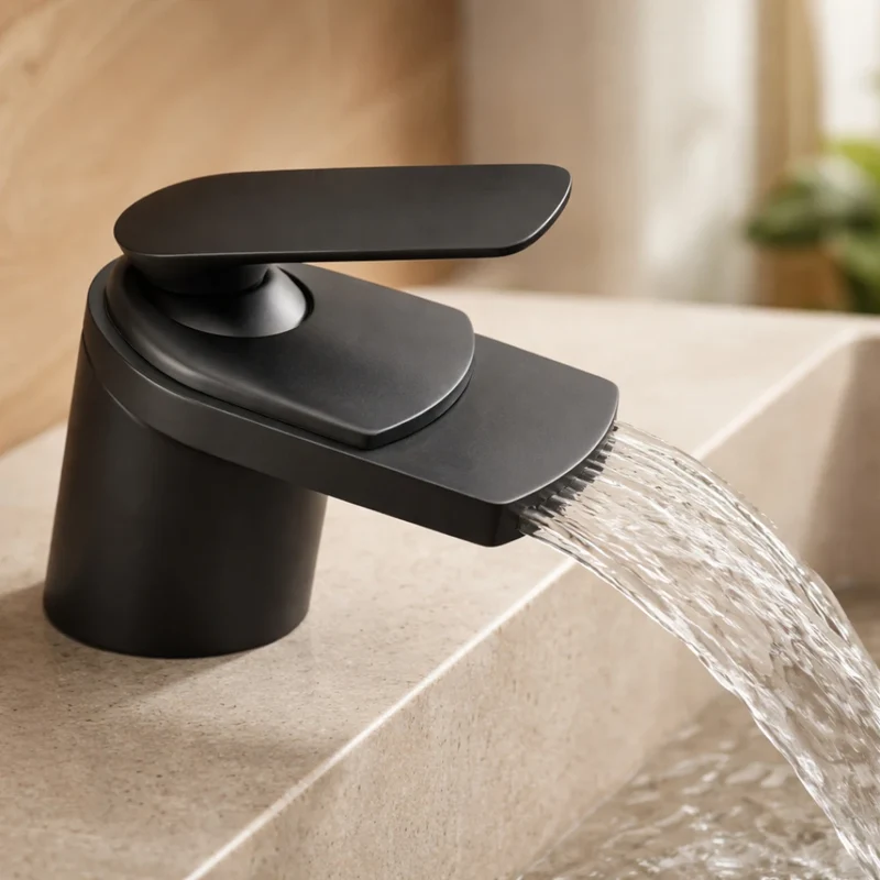 Robinet lavabo salle de bain large design cascade - Noir