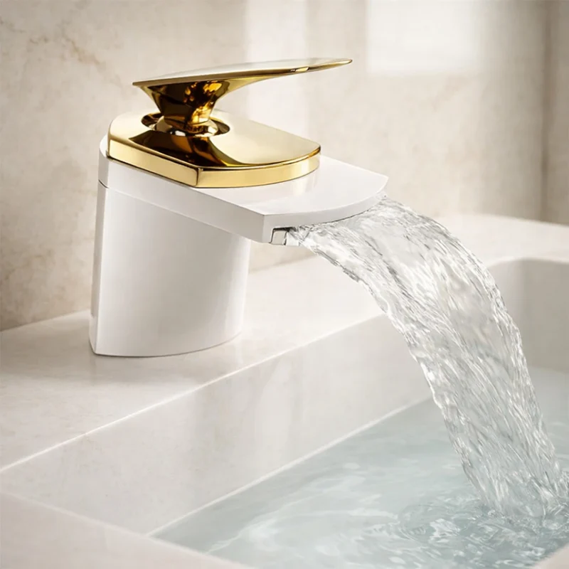 Robinet lavabo salle de bain large design cascade - Blanc / Doré