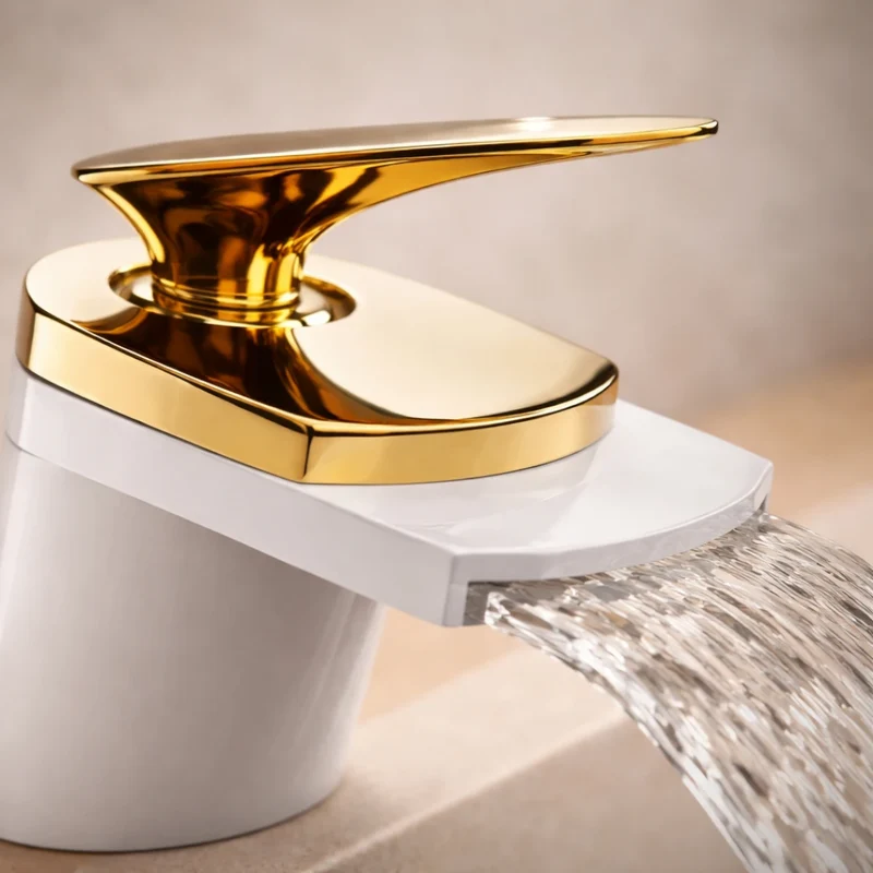 Robinet lavabo salle de bain large design cascade - Blanc / Doré
