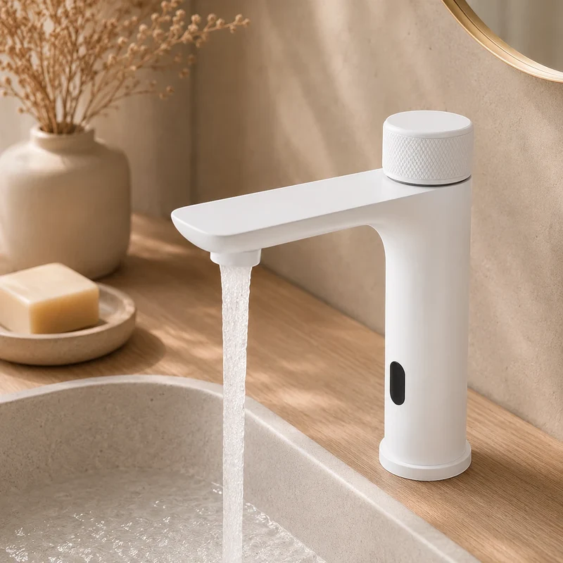 Robinet lavabo salle de bain tactile mitigeur rond - Blanc - Laiton