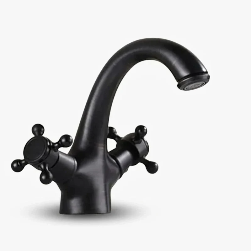 Robinet lavabo salle de bain rétro double poignées - Noir - Laiton