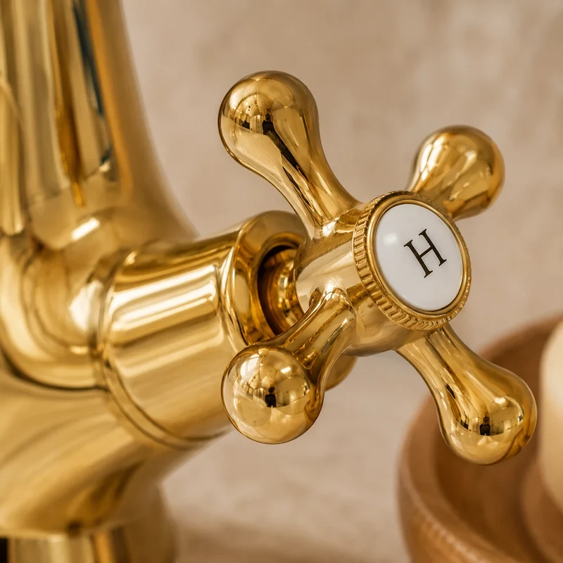 Robinet lavabo salle de bain rétro double poignées - Doré - Laiton