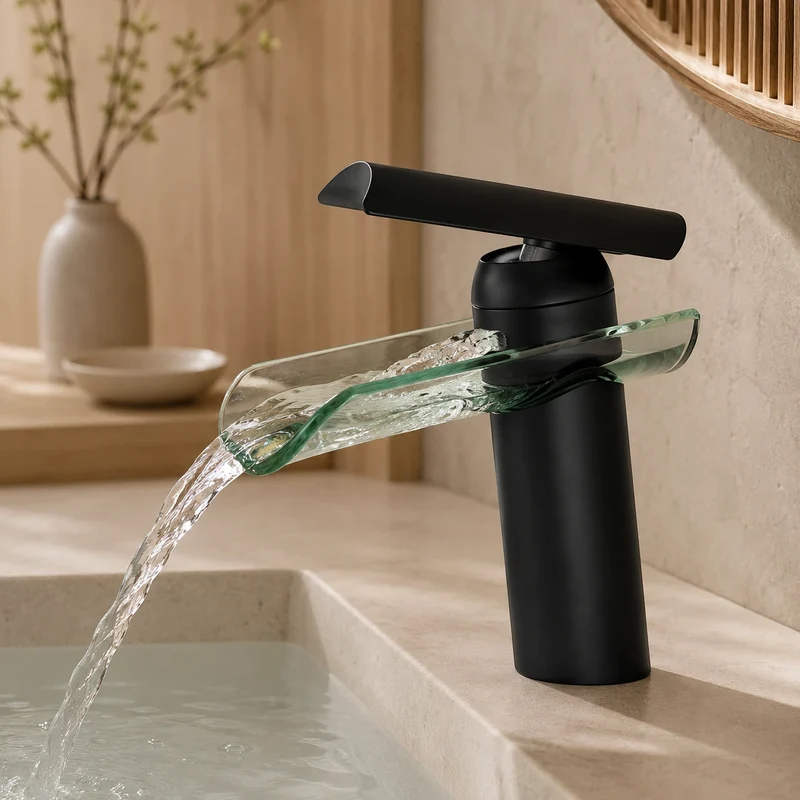 Robinet lavabo salle de bain verre cascade - Noir - Laiton