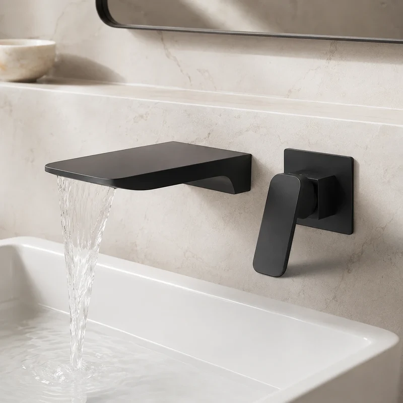 Robinet salle de bain lavabo encastrable mural cascade - Noir - Laiton