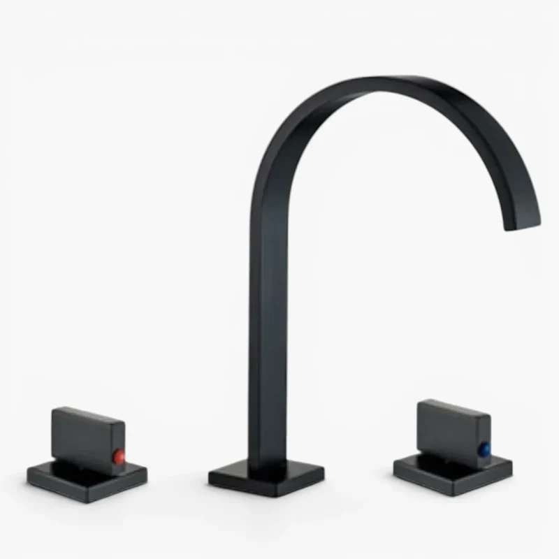 Robinet salle de bain lavabo minimaliste poignées déportées - Noir mat - Laiton