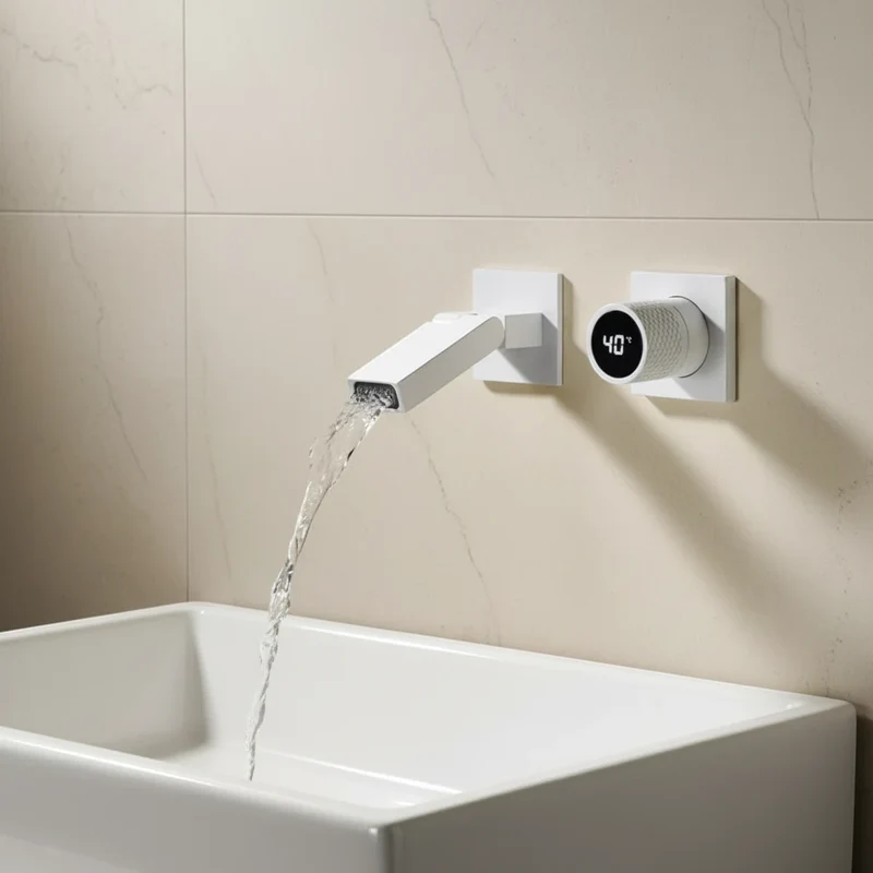 Robinet salle de bain lavabo mural encastrable pivotant - Blanc - Laiton