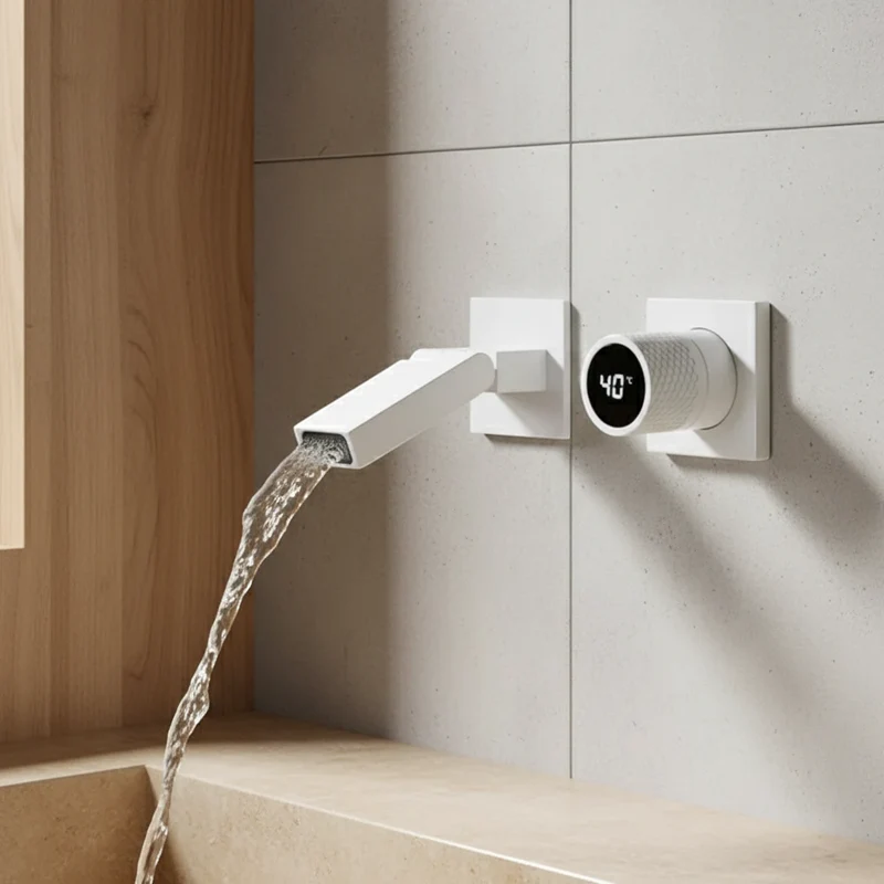 Robinet salle de bain lavabo mural encastrable pivotant - Blanc - Laiton