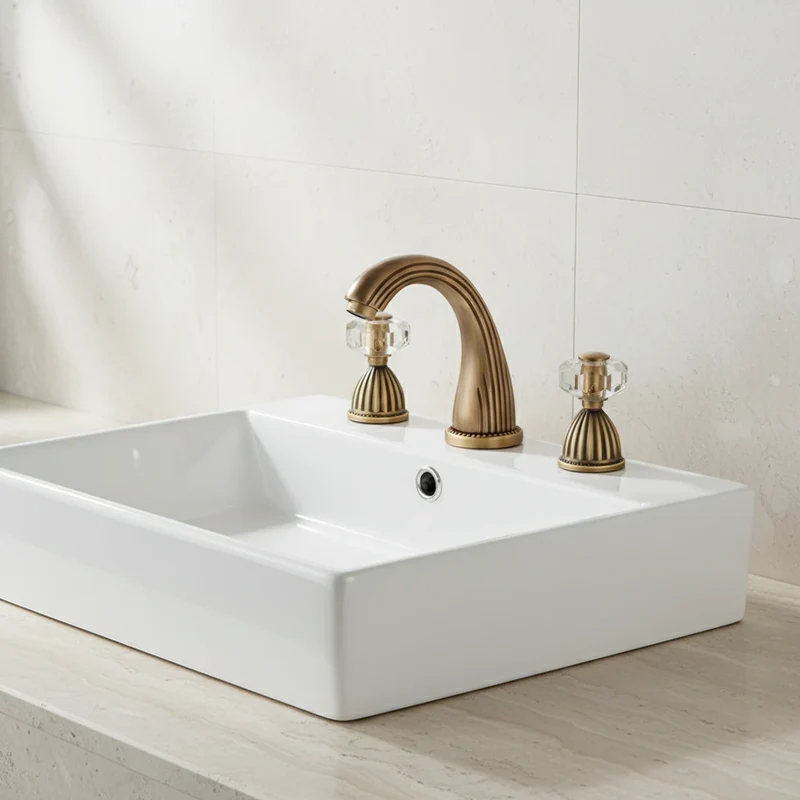 Robinet salle de bain rétro classique double poignées strass - Doré - Laiton