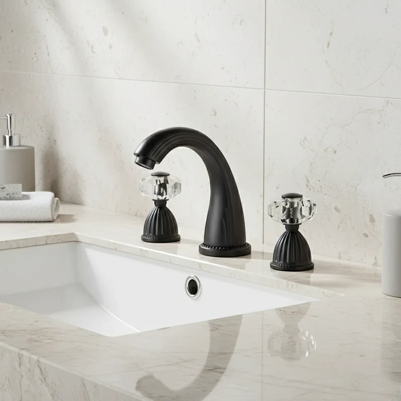 Robinet salle de bain rétro classique double poignées strass - Noir - Laiton