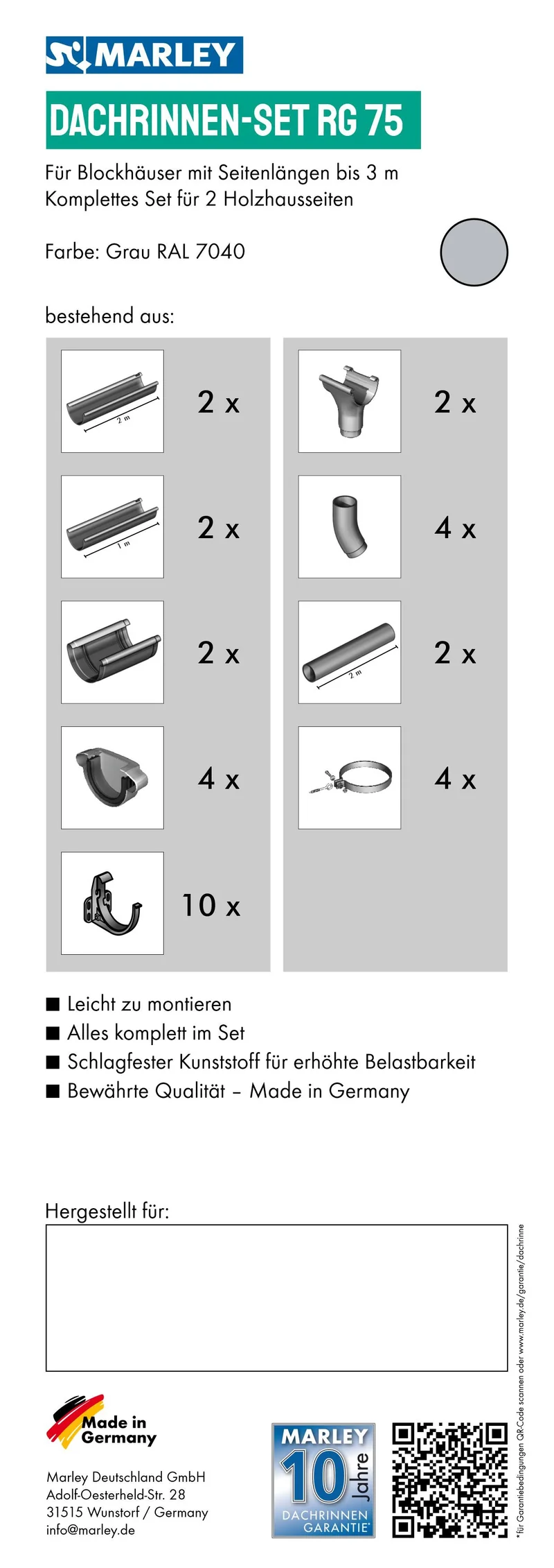Dachrinnenset RG 75 für Blockhäuser