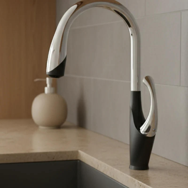 Robinet évier cuisine tactile automatique design flexible douchette - Noir / Argenté - Laiton