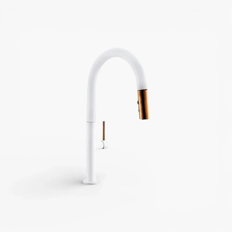 Robinet évier cuisine douchette dorée rose - Blanc - Laiton
