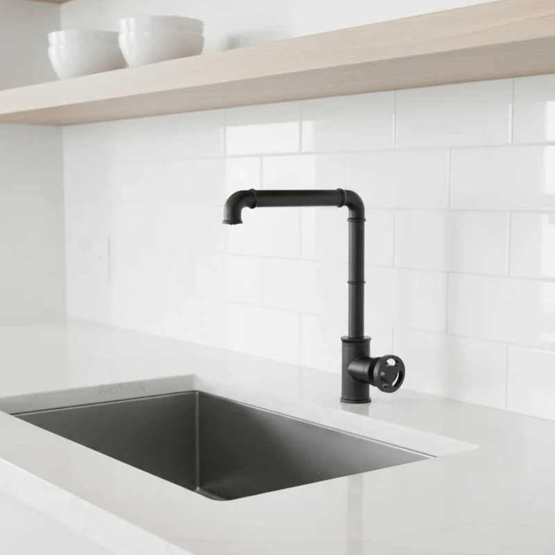 Robinet évier cuisine design industriel mitigeur - Noir - Laiton