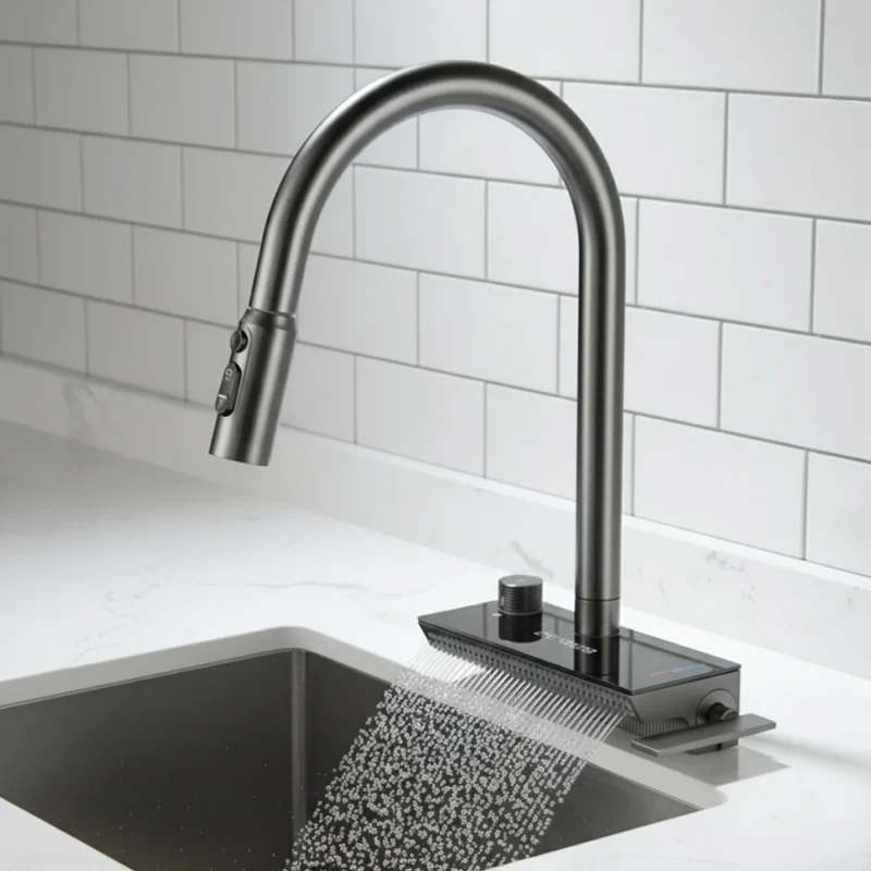 Robinet évier cuisine cascade flexible douchette affichage numérique - Noir