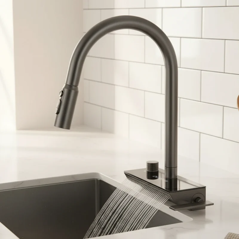Robinet évier cuisine cascade flexible douchette affichage numérique - Noir