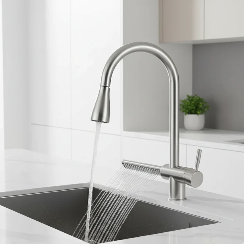 Robinet évier cuisine cascade flexible douchette - Argenté - Laiton