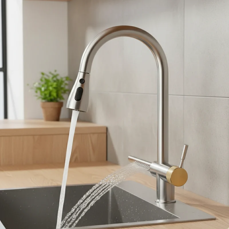 Robinet évier cuisine cascade flexible douchette - Argenté - Laiton