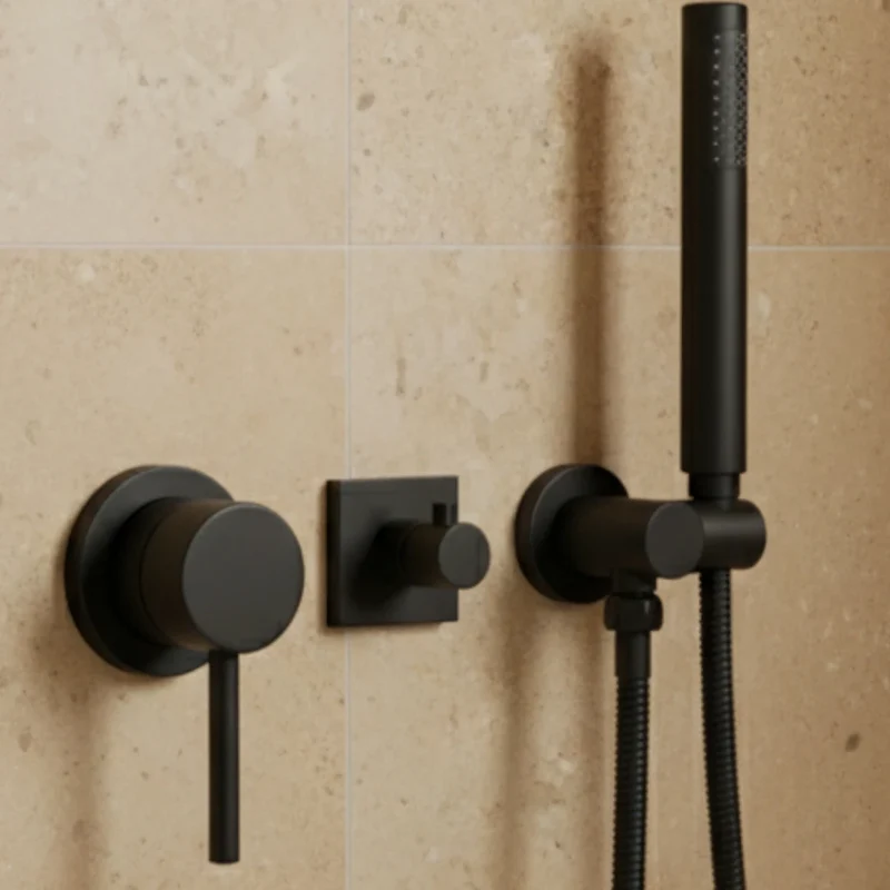 Robinet douche salle de bain douchette mitigeur rond - Noir - Laiton