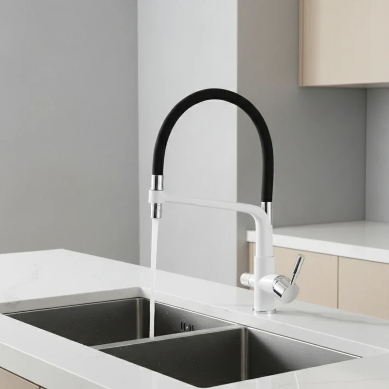 Robinet cuisine évier flexible double robinet purificateur d'eau - Blanc - Laiton
