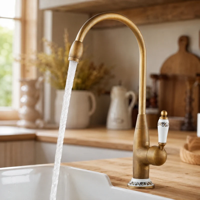 Robinet cuisine évier antique avec céramique fleur vintage - Doré