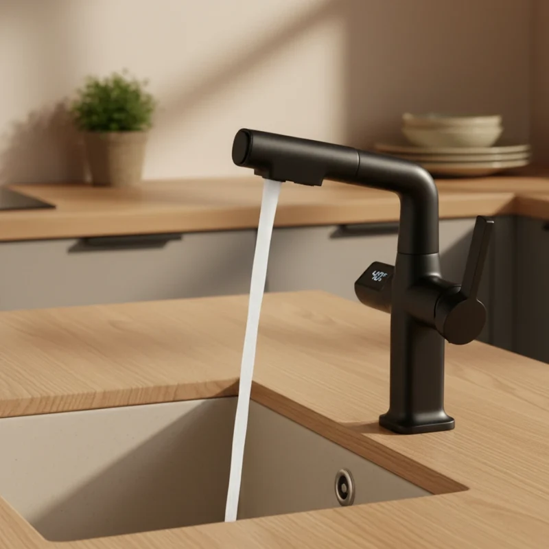 Robinet cuisine affichage thermostatique flexible - Noir - Laiton