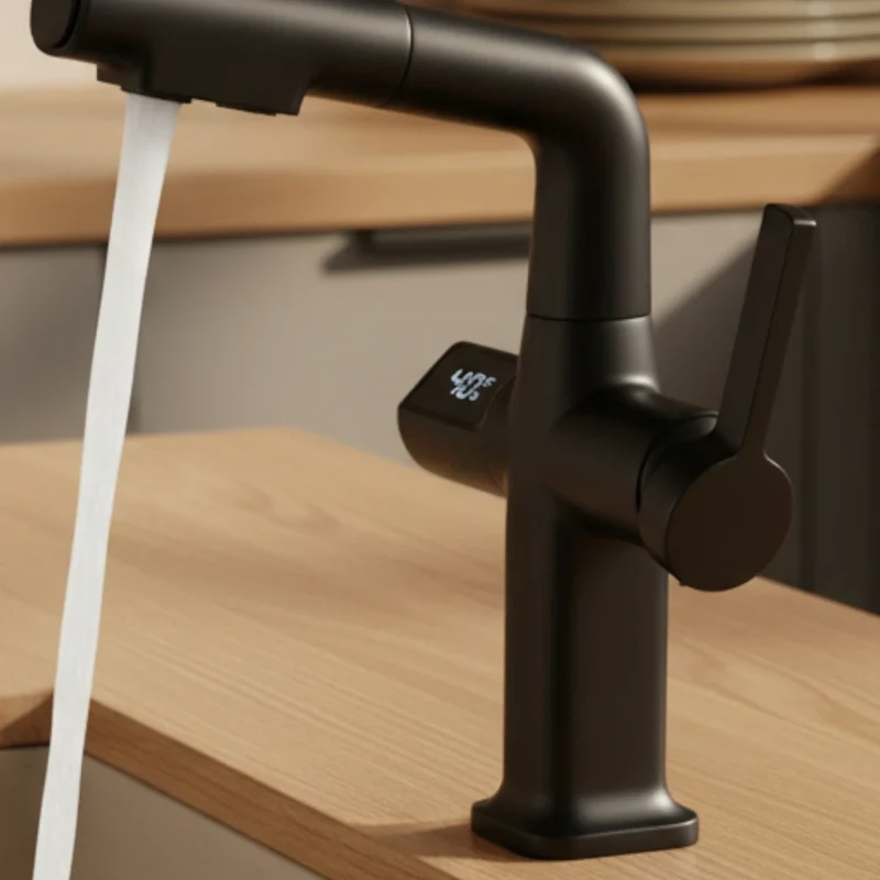 Robinet cuisine affichage thermostatique flexible - Noir - Laiton