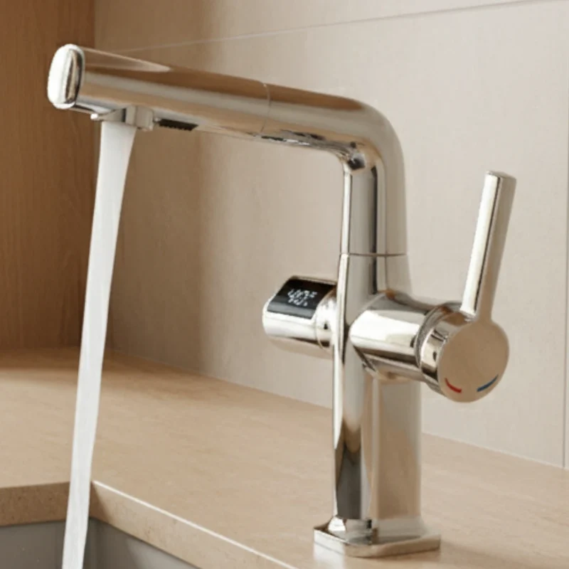 Robinet cuisine affichage thermostatique flexible - Argenté - Laiton
