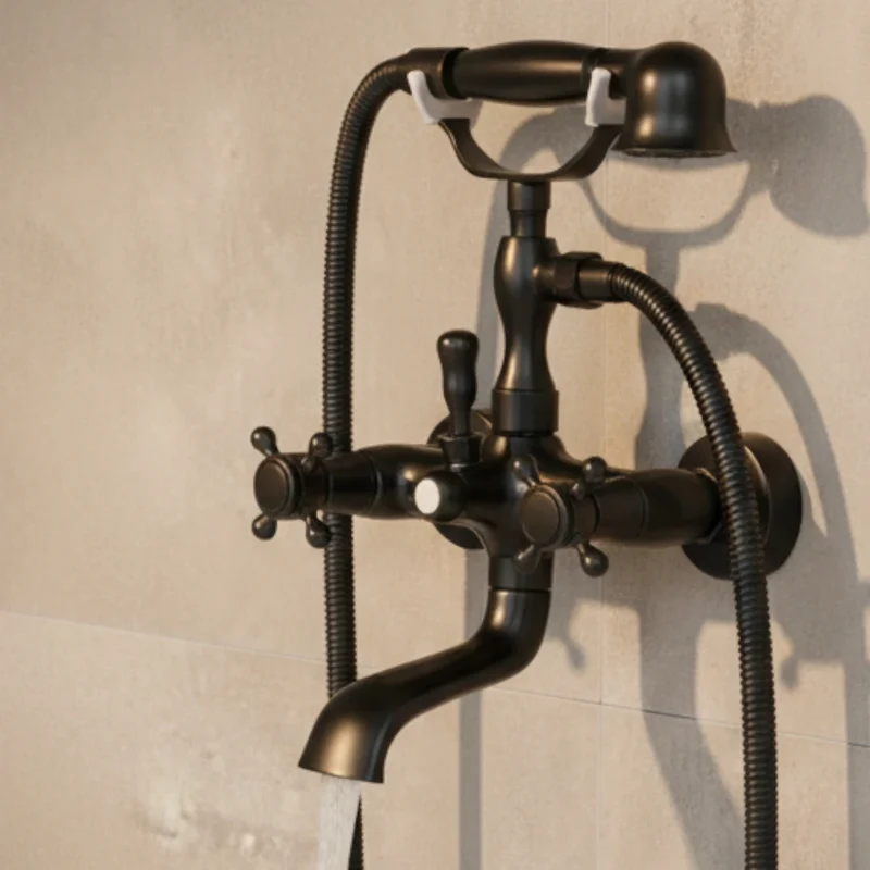 Robinet baignoire salle de bain rétro douchette - Noir - Laiton