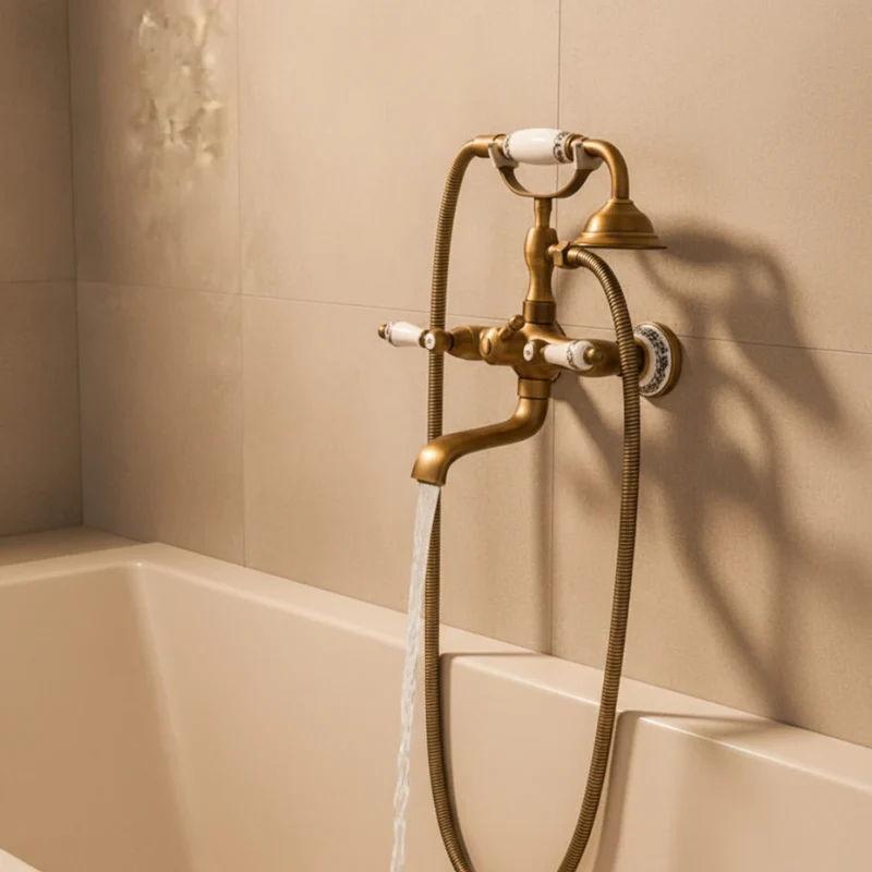 Robinet baignoire salle de bain rétro céramique douchette - Doré - Laiton