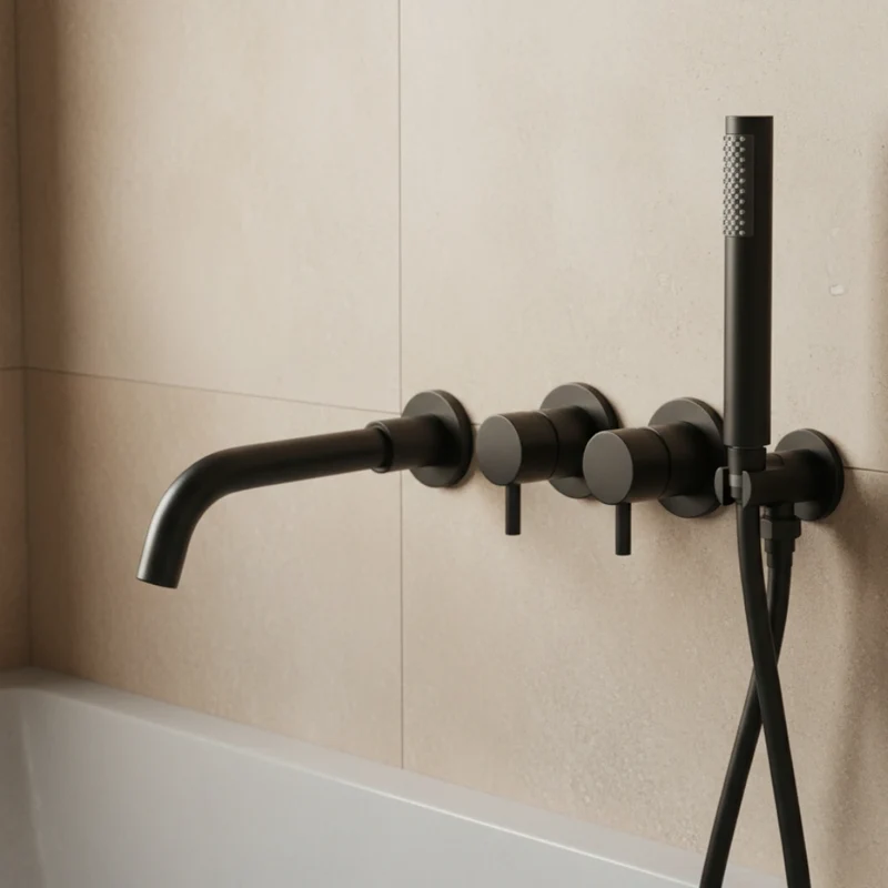 Robinet baignoire salle de bain mural encastrable douchette - Noir - Laiton