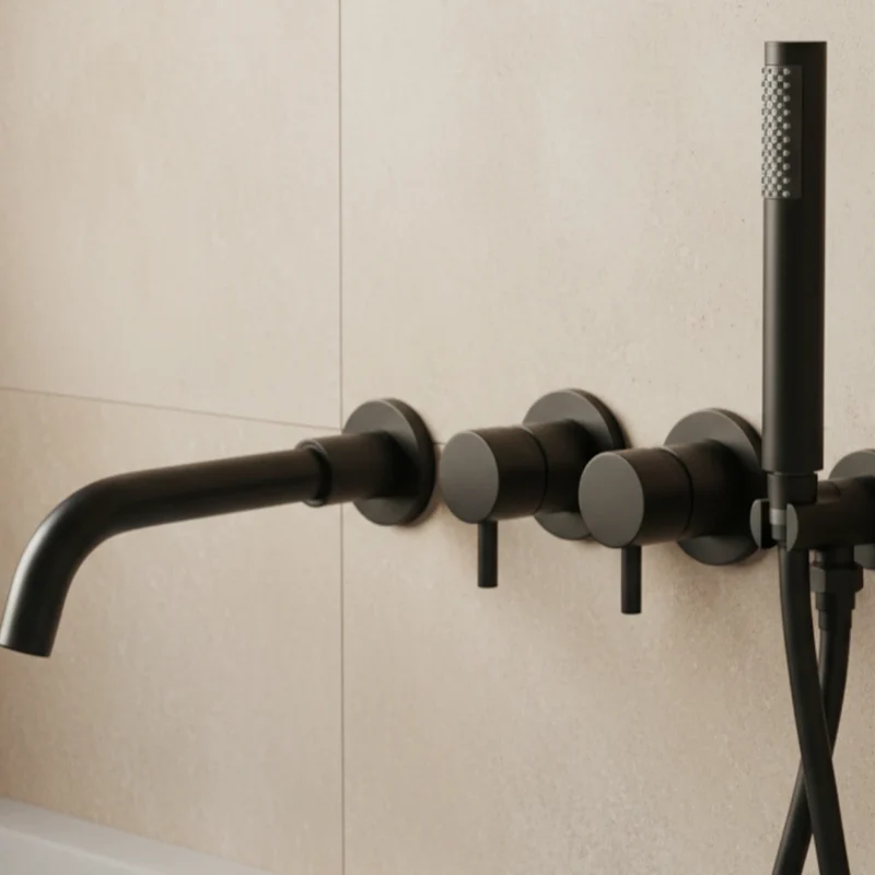 Robinet baignoire salle de bain mural encastrable douchette - Noir - Laiton