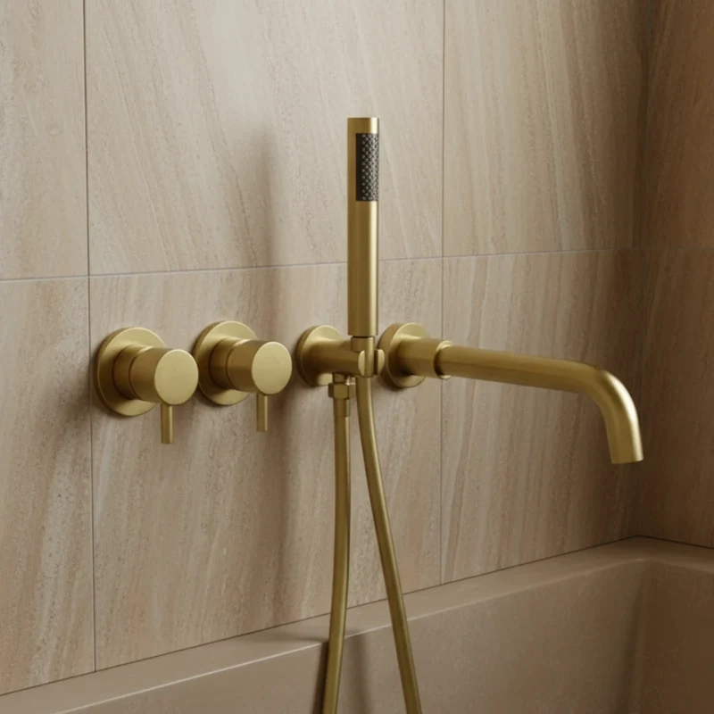 Robinet baignoire salle de bain mural encastrable douchette - Doré - Laiton