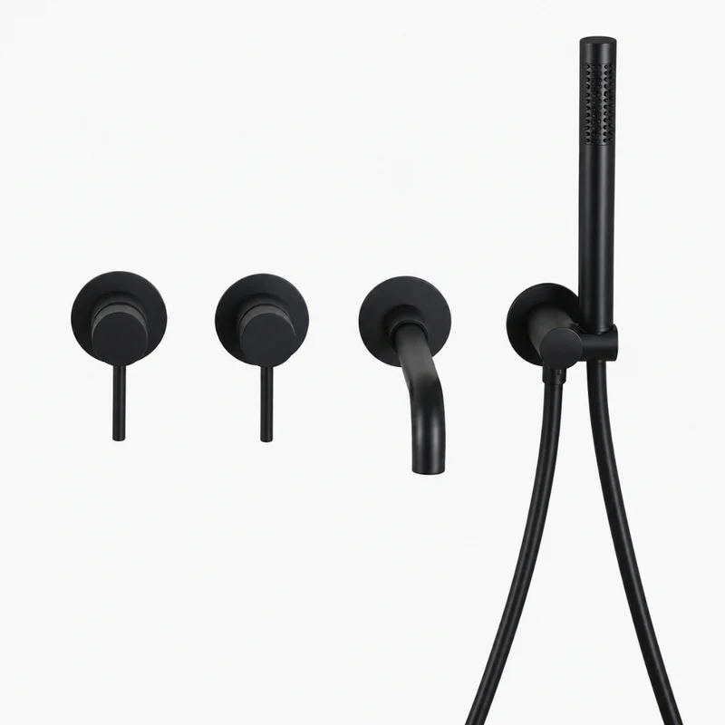 Robinet baignoire salle de bain minimaliste mural encastrable douchette - Noir - Laiton