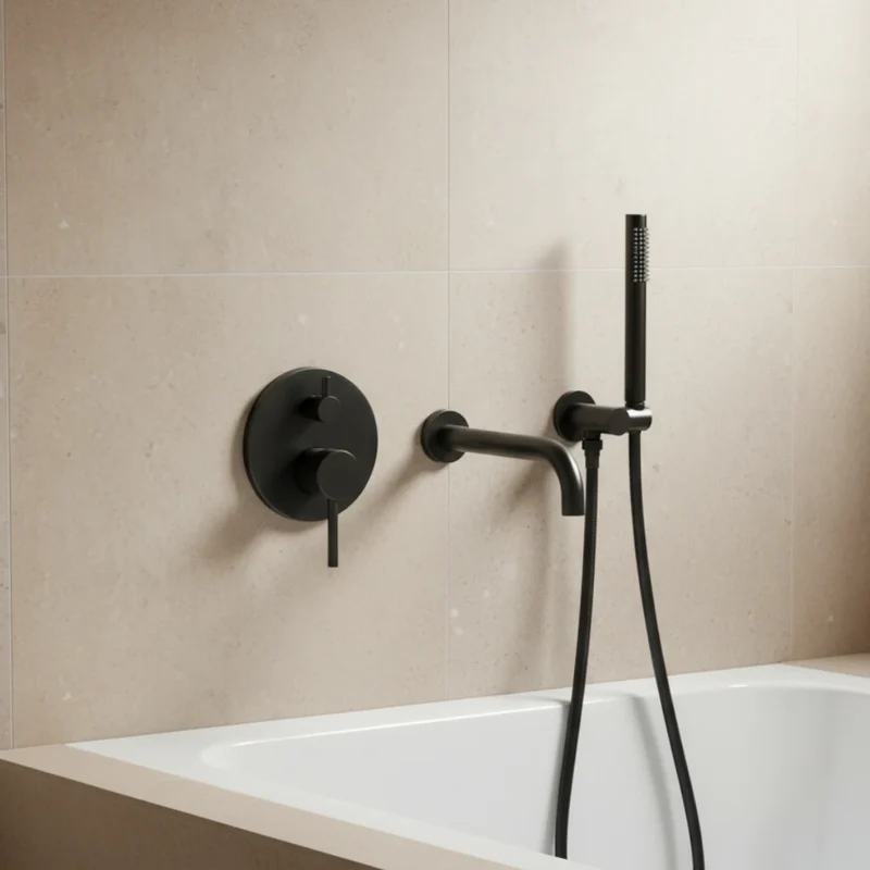 Robinet baignoire salle de bain encastrable mural mitigeur rond douchette - Noir