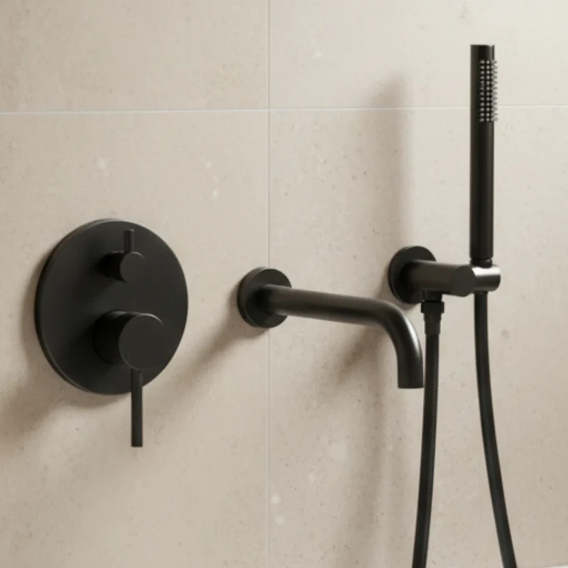Robinet baignoire salle de bain encastrable mural mitigeur rond douchette - Noir