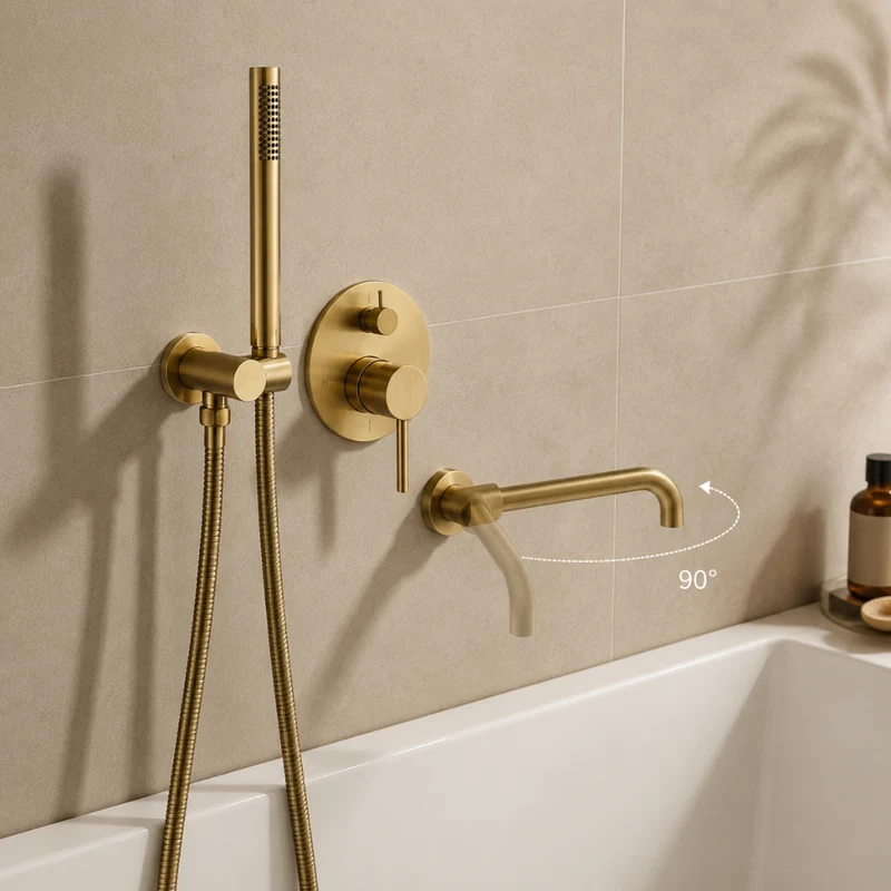 Robinet baignoire salle de bain encastrable mural mitigeur rond douchette - Doré