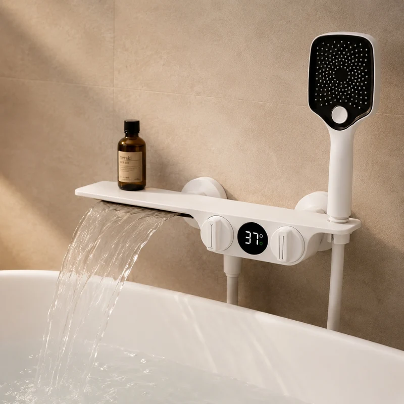 Robinet baignoire salle de bain cascade douchette affichage numérique - Blanc - Laiton